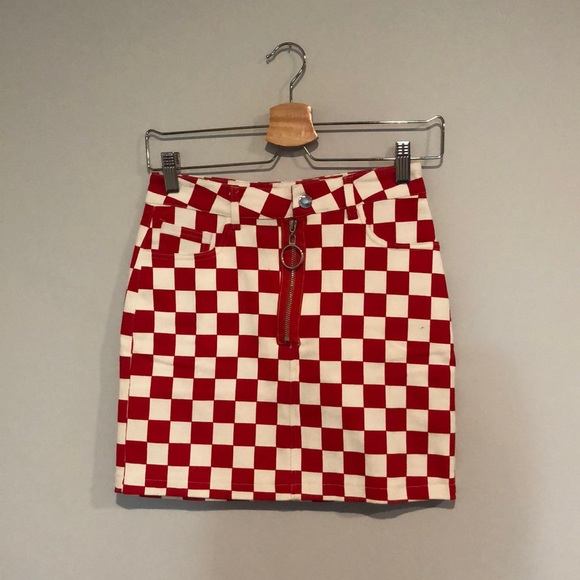 Red & White Checkered Denim Mini Skirt